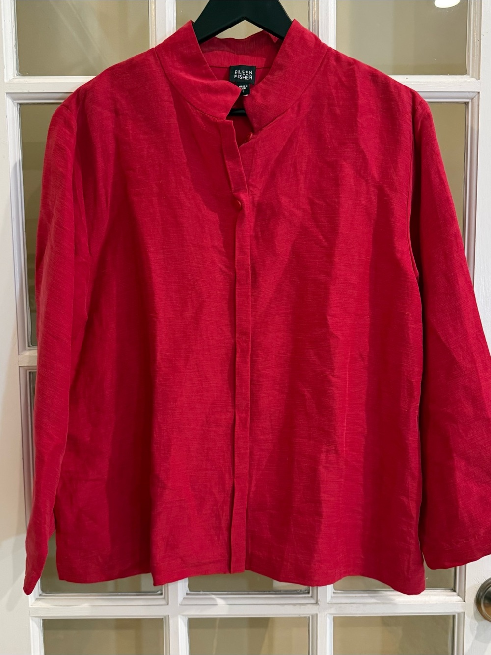 Eileen Fisher Red Linen Silk Blouse Jacket Mandarin Collar Hidden Buttons Sz L